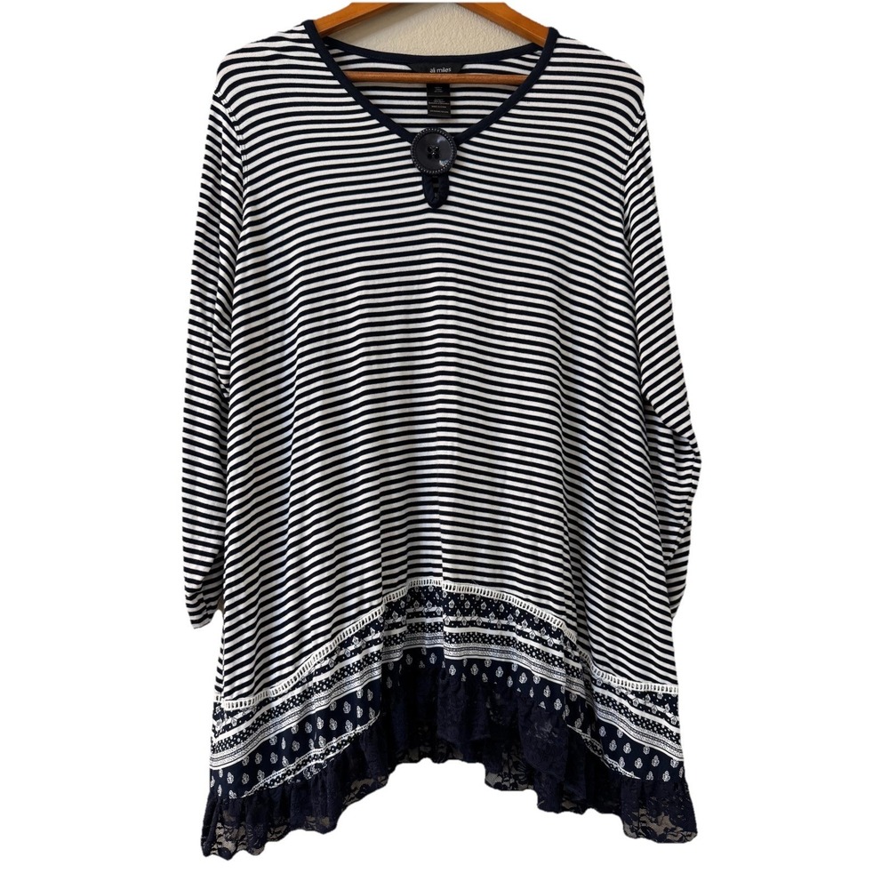 ali miles 1X Blouse Top Tunic Ditzy Art To Wear Fun Stripes Whimsy Stretch